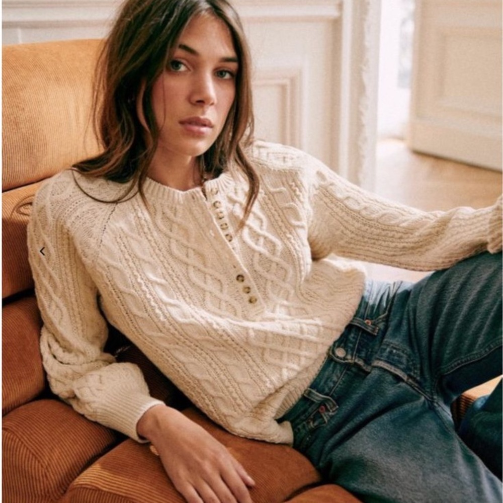 Sezane Cream Cable Knit V-Neck Sweater